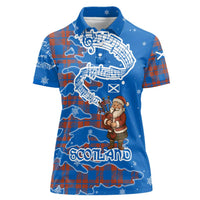 Scotland Christmas Women Polo Shirt with Santa Playing Bagpipes and Blue Red Tartan Music Notes - Wonder Print Shop