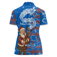 Scotland Christmas Women Polo Shirt with Santa Playing Bagpipes and Blue Red Tartan Music Notes - Wonder Print Shop