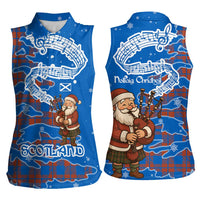 Scotland Christmas Women Sleeveless Polo Shirt with Santa Playing Bagpipes and Blue Red Tartan Music Notes - Wonder Print Shop
