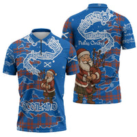 Scotland Christmas Zipper Polo Shirt with Santa Playing Bagpipes and Blue Red Tartan Music Notes - Wonder Print Shop