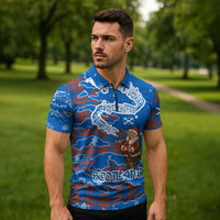 Scotland Christmas Zipper Polo Shirt with Santa Playing Bagpipes and Blue Red Tartan Music Notes - Wonder Print Shop