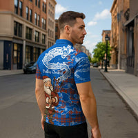 Scotland Christmas Zipper Polo Shirt with Santa Playing Bagpipes and Blue Red Tartan Music Notes - Wonder Print Shop