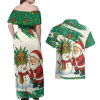 Dominica Christmas Couples Matching Off Shoulder Maxi Dress and Hawaiian Shirt with Santa Snowman and Tropical Carnival Headpiece - Wonder Print Shop