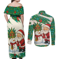Dominica Christmas Couples Matching Off Shoulder Maxi Dress and Long Sleeve Button Shirt with Santa Snowman and Tropical Carnival Headpiece - Wonder Print Shop