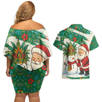 Dominica Christmas Couples Matching Off Shoulder Short Dress and Hawaiian Shirt with Santa Snowman and Tropical Carnival Headpiece - Wonder Print Shop