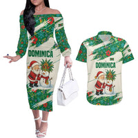 Dominica Christmas Couples Matching Off The Shoulder Long Sleeve Dress and Hawaiian Shirt with Santa Snowman and Tropical Carnival Headpiece - Wonder Print Shop