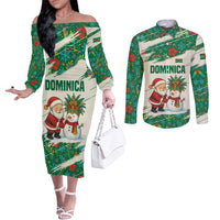 Dominica Christmas Couples Matching Off The Shoulder Long Sleeve Dress and Long Sleeve Button Shirt with Santa Snowman and Tropical Carnival Headpiece - Wonder Print Shop