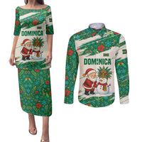 Dominica Christmas Couples Matching Puletasi and Long Sleeve Button Shirt with Santa Snowman and Tropical Carnival Headpiece - Wonder Print Shop