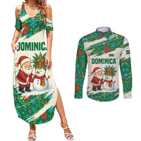 Dominica Christmas Couples Matching Summer Maxi Dress and Long Sleeve Button Shirt with Santa Snowman and Tropical Carnival Headpiece - Wonder Print Shop