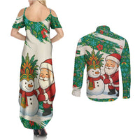 Dominica Christmas Couples Matching Summer Maxi Dress and Long Sleeve Button Shirt with Santa Snowman and Tropical Carnival Headpiece - Wonder Print Shop