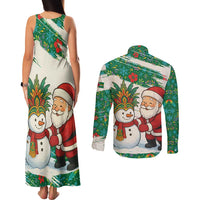 Dominica Christmas Couples Matching Tank Maxi Dress and Long Sleeve Button Shirt with Santa Snowman and Tropical Carnival Headpiece - Wonder Print Shop