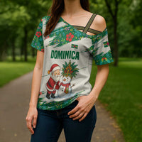 Dominica Christmas Cross Shoulder Shirt with Santa Snowman and Tropical Carnival Headpiece - Wonder Print Shop