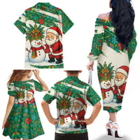 Dominica Christmas Family Matching Off The Shoulder Long Sleeve Dress and Hawaiian Shirt with Santa Snowman and Tropical Carnival Headpiece - Wonder Print Shop