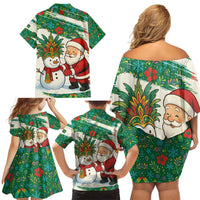Dominica Christmas Family Matching Off Shoulder Short Dress and Hawaiian Shirt with Santa Snowman and Tropical Carnival Headpiece - Wonder Print Shop