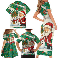 Dominica Christmas Family Matching Short Sleeve Bodycon Dress and Hawaiian Shirt with Santa Snowman and Tropical Carnival Headpiece - Wonder Print Shop