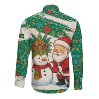 Dominica Christmas Long Sleeve Button Shirt with Santa Snowman and Tropical Carnival Headpiece - Wonder Print Shop