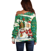 Dominica Christmas Off Shoulder Sweater with Santa Snowman and Tropical Carnival Headpiece - Wonder Print Shop