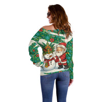 Dominica Christmas Off Shoulder Sweater with Santa Snowman and Tropical Carnival Headpiece - Wonder Print Shop