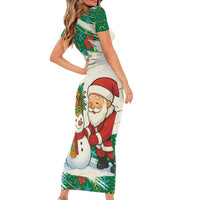Dominica Christmas Short Sleeve Bodycon Dress with Santa Snowman and Tropical Carnival Headpiece - Wonder Print Shop