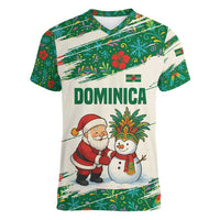 Dominica Christmas Women V-Neck T-Shirt with Santa Snowman and Tropical Carnival Headpiece - Wonder Print Shop