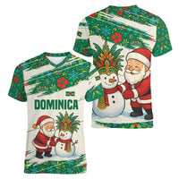 Dominica Christmas Women V-Neck T-Shirt with Santa Snowman and Tropical Carnival Headpiece - Wonder Print Shop