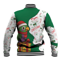 Dominica Christmas Baseball Jacket with Parrot Gift Box and Festive Pattern Design - Wonder Print Shop