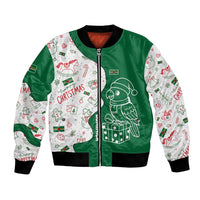 Dominica Christmas Bomber Jacket with Parrot Gift Box and Festive Pattern Design - Wonder Print Shop
