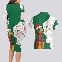 Dominica Christmas Couples Matching Long Sleeve Bodycon Dress and Hawaiian Shirt with Parrot Gift Box and Festive Pattern Design - Wonder Print Shop