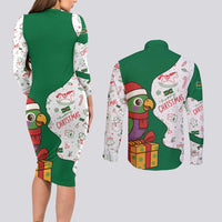 Dominica Christmas Couples Matching Long Sleeve Bodycon Dress and Long Sleeve Button Shirt with Parrot Gift Box and Festive Pattern Design - Wonder Print Shop