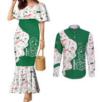 Dominica Christmas Couples Matching Mermaid Dress and Long Sleeve Button Shirt with Parrot Gift Box and Festive Pattern Design - Wonder Print Shop