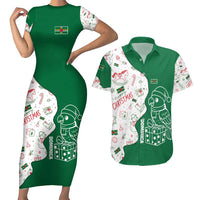 Dominica Christmas Couples Matching Short Sleeve Bodycon Dress and Hawaiian Shirt with Parrot Gift Box and Festive Pattern Design - Wonder Print Shop
