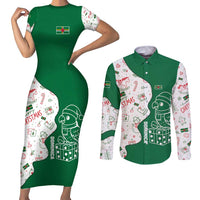 Dominica Christmas Couples Matching Short Sleeve Bodycon Dress and Long Sleeve Button Shirt with Parrot Gift Box and Festive Pattern Design - Wonder Print Shop