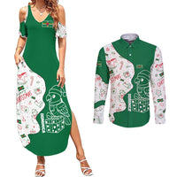 Dominica Christmas Couples Matching Summer Maxi Dress and Long Sleeve Button Shirt with Parrot Gift Box and Festive Pattern Design - Wonder Print Shop