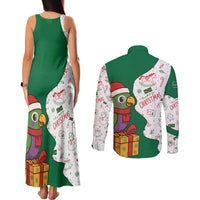 Dominica Christmas Couples Matching Tank Maxi Dress and Long Sleeve Button Shirt with Parrot Gift Box and Festive Pattern Design - Wonder Print Shop