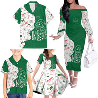 Dominica Christmas Family Matching Off The Shoulder Long Sleeve Dress and Hawaiian Shirt with Parrot Gift Box and Festive Pattern Design - Wonder Print Shop