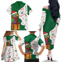 Dominica Christmas Family Matching Off The Shoulder Long Sleeve Dress and Hawaiian Shirt with Parrot Gift Box and Festive Pattern Design - Wonder Print Shop