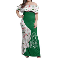 Dominica Christmas Off Shoulder Maxi Dress with Parrot Gift Box and Festive Pattern Design - Wonder Print Shop