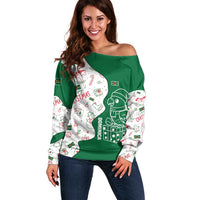 Dominica Christmas Off Shoulder Sweater with Parrot Gift Box and Festive Pattern Design - Wonder Print Shop