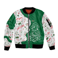 Dominica Christmas Sleeve Zip Bomber Jacket with Parrot Gift Box and Festive Pattern Design - Wonder Print Shop