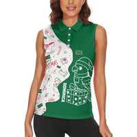 Dominica Christmas Women Sleeveless Polo Shirt with Parrot Gift Box and Festive Pattern Design - Wonder Print Shop