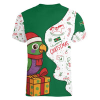 Dominica Christmas Women V-Neck T-Shirt with Parrot Gift Box and Festive Pattern Design - Wonder Print Shop