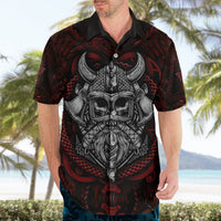 Black short-sleeve Hawaiian shirt with red Viking skull warrior face print