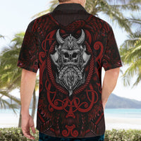 Black short-sleeve Hawaiian shirt with red Viking skull warrior back print