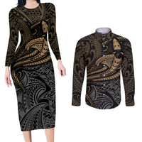 Polynesian Couples Matching Long Sleeve Bodycon Dress and Long Sleeve Button Shirts Hammerhead Shark Tribal Pattern - Wonder Print Shop