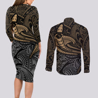 Polynesian Couples Matching Long Sleeve Bodycon Dress and Long Sleeve Button Shirts Hammerhead Shark Tribal Pattern - Wonder Print Shop