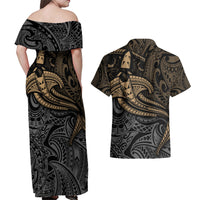 Polynesian Couples Matching Off Shoulder Maxi Dress and Hawaiian Shirt Hammerhead Shark Tribal Pattern - Wonder Print Shop