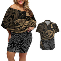 Polynesian Couples Matching Off Shoulder Short Dress and Hawaiian Shirt Hammerhead Shark Tribal Pattern - Wonder Print Shop