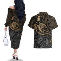 Polynesian Couples Matching Off The Shoulder Long Sleeve Dress and Hawaiian Shirt Hammerhead Shark Tribal Pattern - Wonder Print Shop