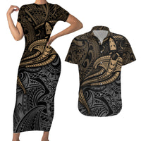 Polynesian Couples Matching Short Sleeve Bodycon Dress and Hawaiian Shirt Hammerhead Shark Tribal Pattern - Wonder Print Shop