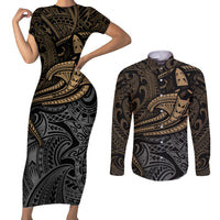 Polynesian Couples Matching Short Sleeve Bodycon Dress and Long Sleeve Button Shirts Hammerhead Shark Tribal Pattern - Wonder Print Shop